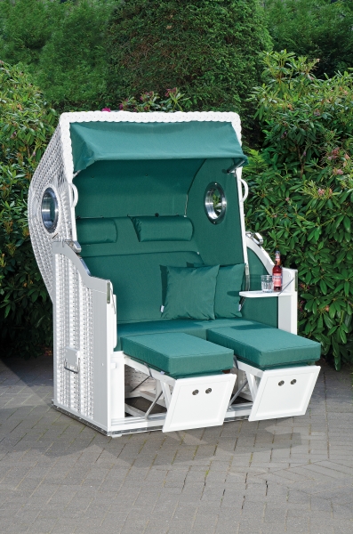 Gartenstrandkorb Classic Bullauge Halbliegemodell, 2-Sitzer PVC-Kunststoffgeflecht weiß Stoff-Dessin: uni moosgrün (721)